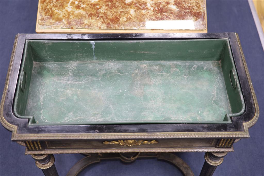 A 19th century French ebonised marble top jardiniere table, width 88cm, depth 48cm, height 86cm